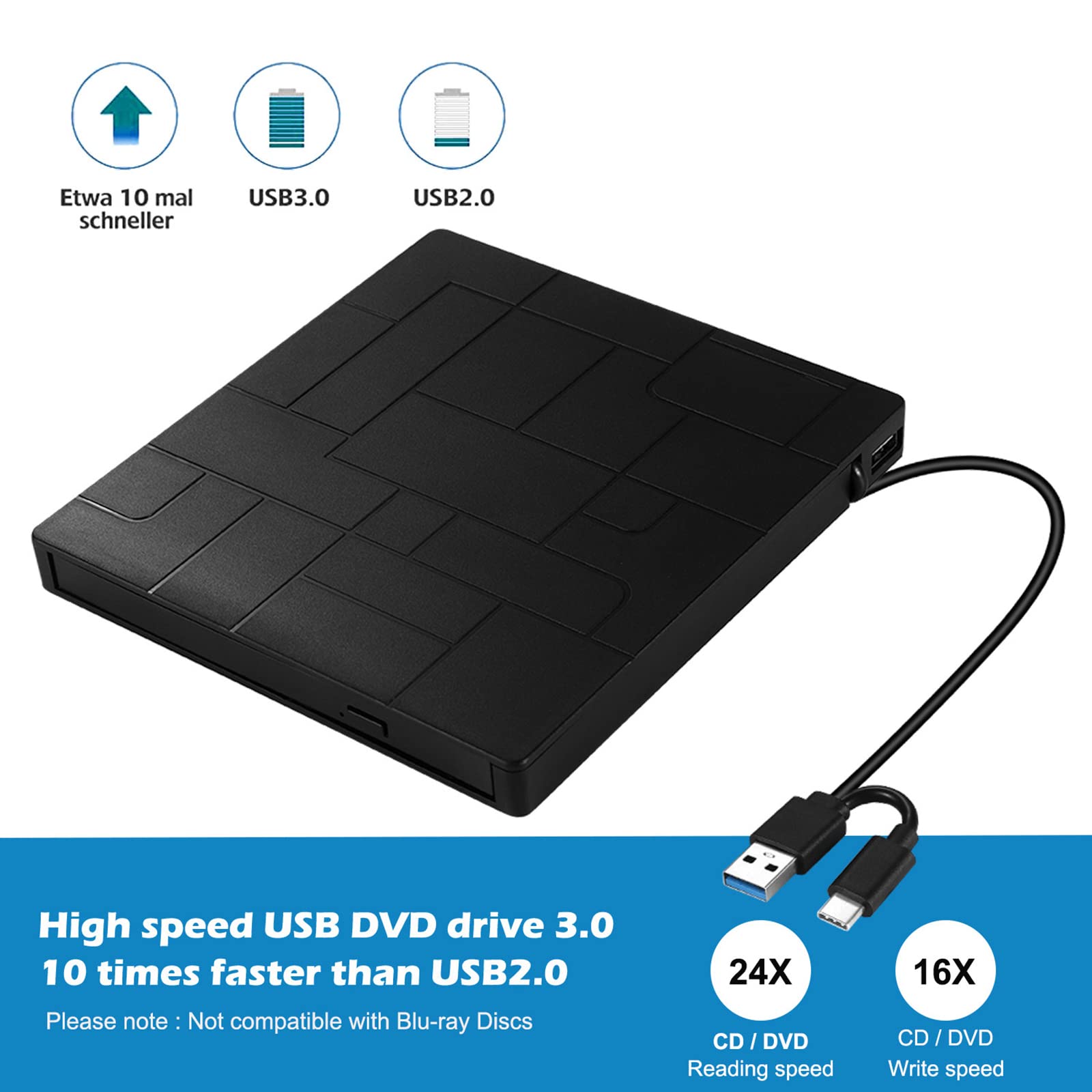 Grabadora de DVD Tipo c Unidad óptica móvil USB3.0 Tarjeta multipuerto Unidad óptica Externa de Interfaz Dual