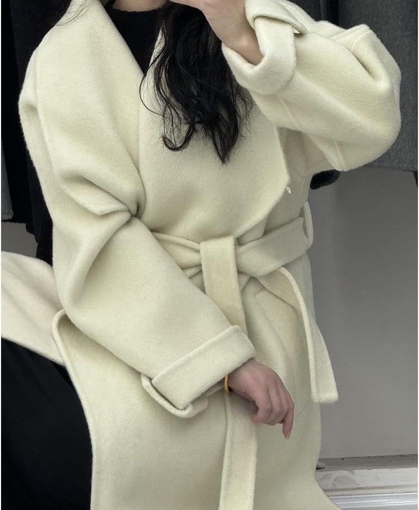 Women's Wool Blend Coat Women's Double-Faced Cashmere Coat Elegant Large Lapel Long Wool Trench Coat Loose Fit Tie Waist