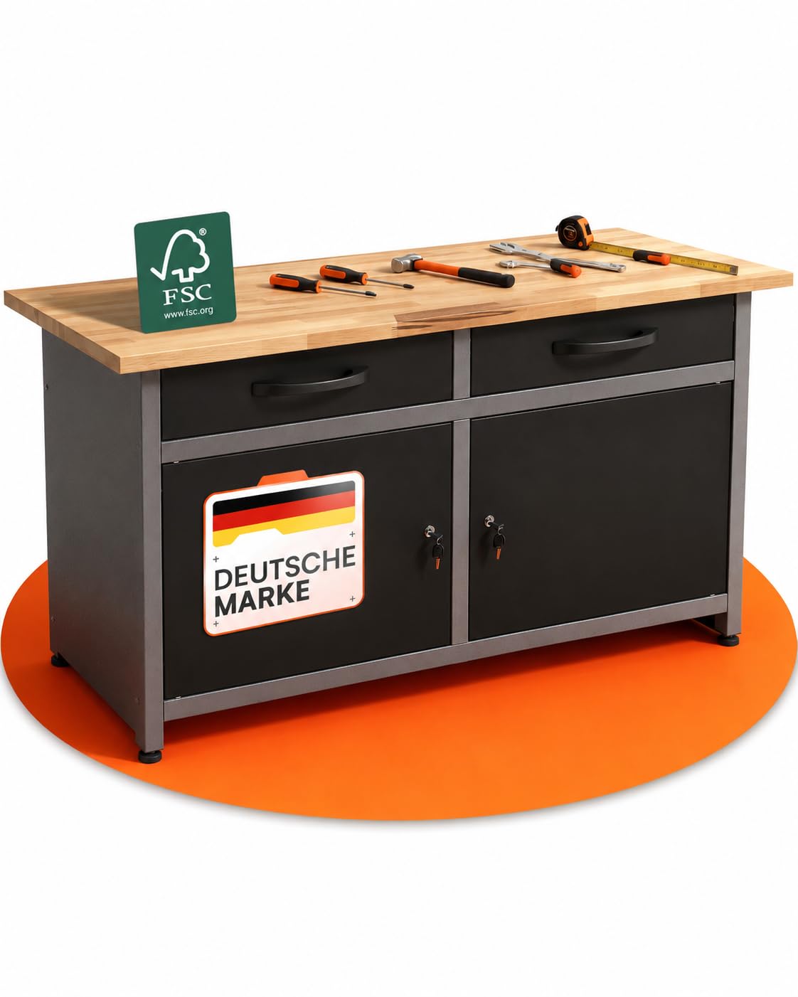 Ondis24 Werkbank Metall mit Schubladen, 2 Schubladen & 2 Türen, Werkstatt Metall 120 cm, Werktisch 120cm, Montagewerkbank, 28mm Buchenholzarbeitsplatte, Werkstatteinrichtung