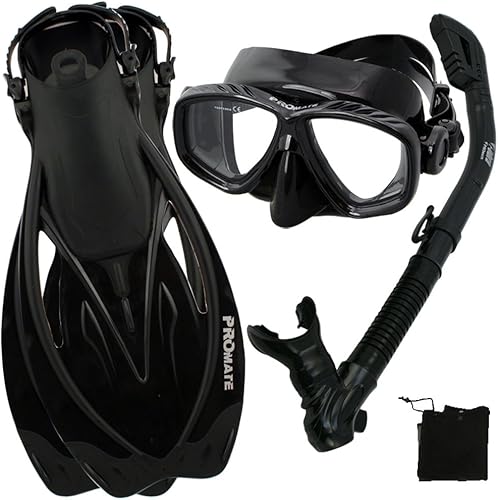 Vista 9 de Promate Juego de esnórquel con máscara de snorkel con aletas Ti/Bk,negro/negro-light Bone,Negro -,Azul,ClrWBk,Verde,N - rosa,plateado,Amarillo