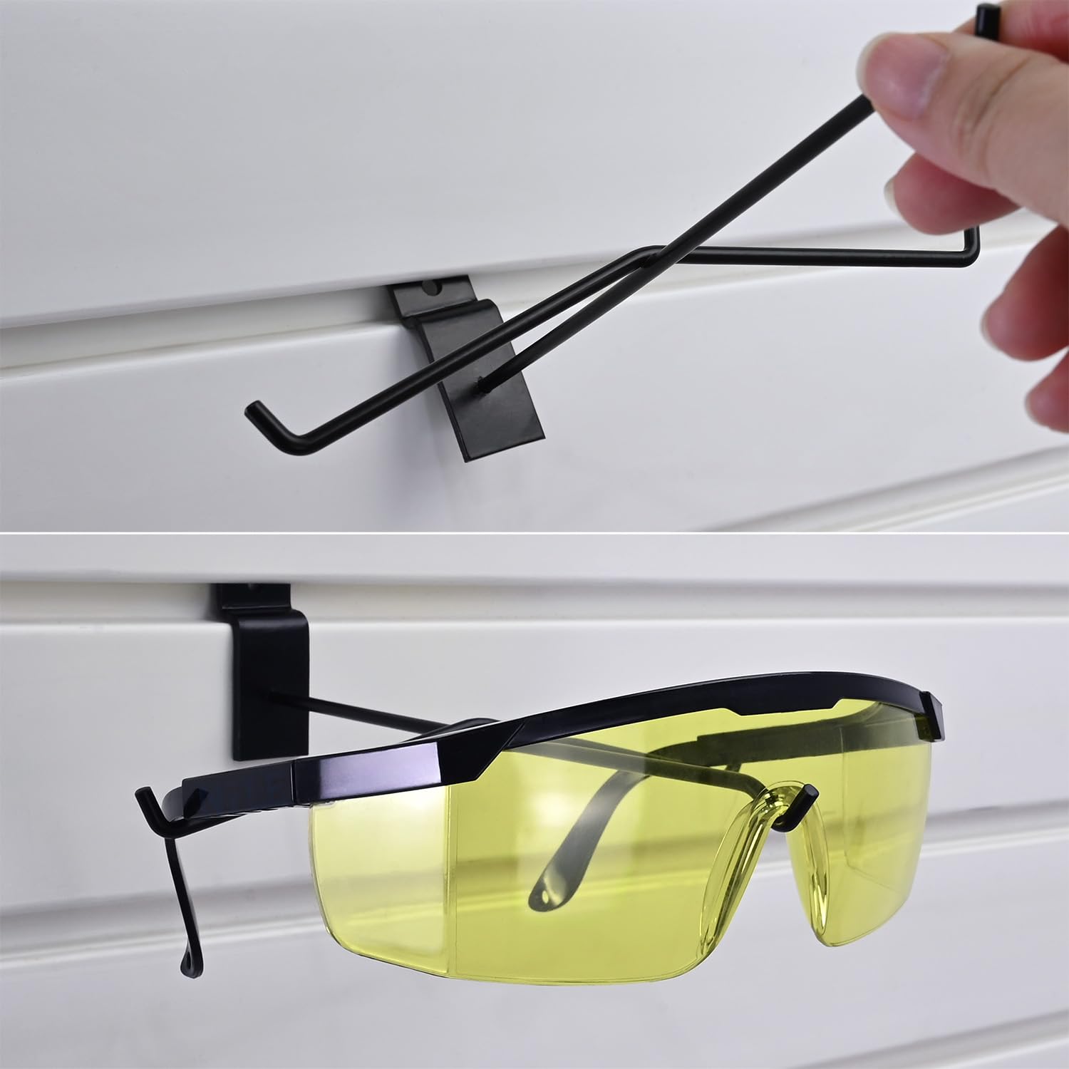 MOOCA Juego de 6 soportes de metal para gafas de sol para pared de listones, exhibición montada en la pared, muestra 180 grados de cualquier tamaño de gafas, color negro