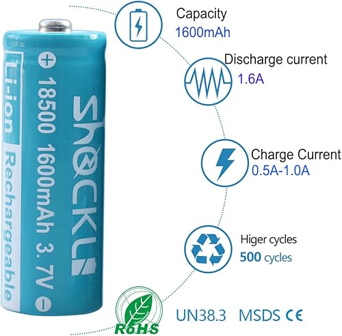 Miniatura 2 de funkawa Shockli 18500 3.7V baterías recargables, batería recargable Shockli 18500 3.7V Li-ion 1600mAh con botón superior (4 unidades)