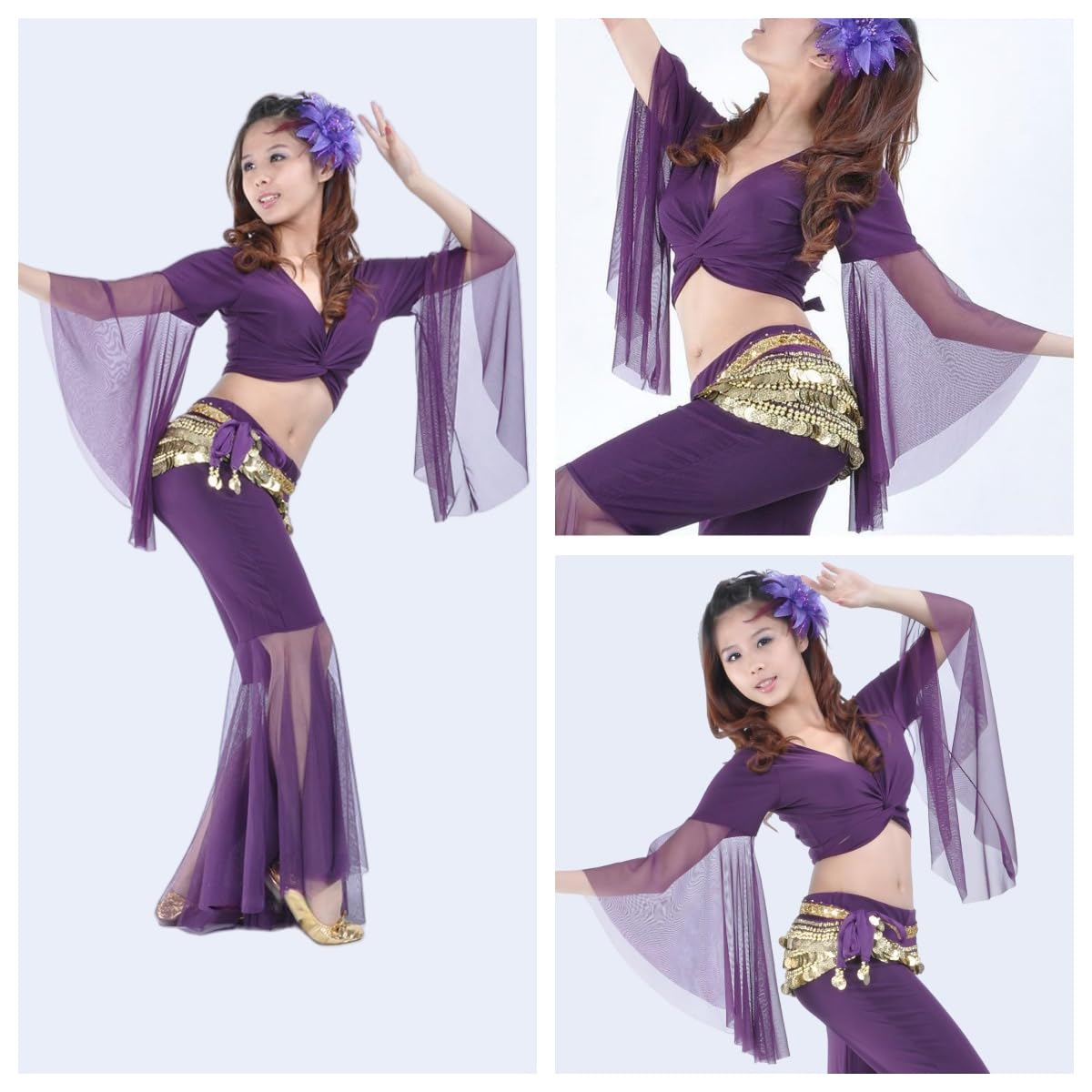Haut court de danse manches évasées pour femme, haut cache-cœur col en V et manches 3/4 en tulle, chemise lacets bretelles pour danse du ventre tribale, chemisier pompons nouer soi-même for festival