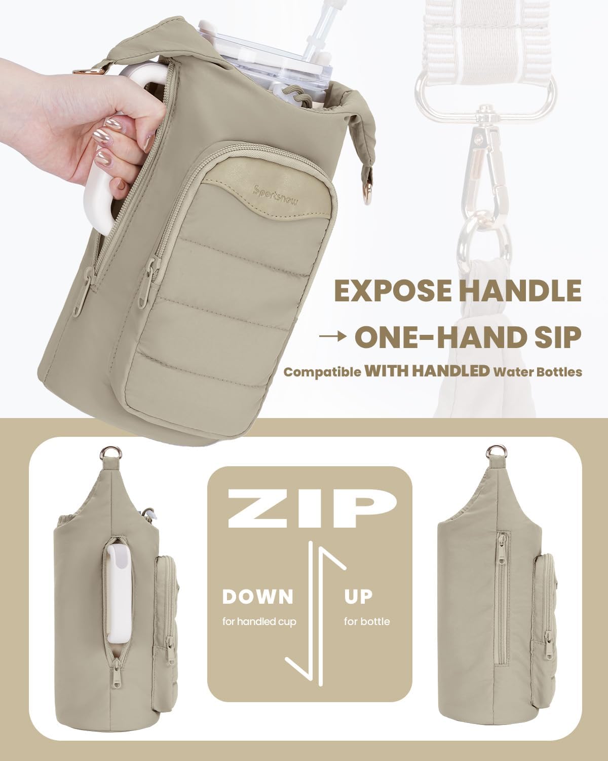 sportsnew Water Bottle Holder for 30oz/40oz Tumbler with Handle, Puffy Water Bottle Carrier Bag with Phone & RFID-Blocking Card Pocket & Drawstring Closure for Quick Access, Patent Pending - Image 2