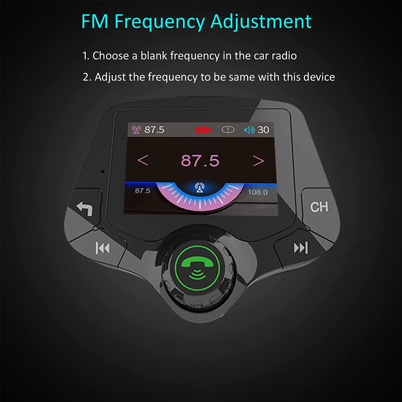 Kettles Transmisor de FM de Bluetooth para automóvil, Adaptador de transmisor de Radio de automóvil Bluetooth MP3 Music Player Manos Kit de Coche Libre QC 3.0 Adaptador de Cargador de automóvil