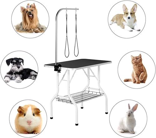 Miniatura 9 de Yaheetech Mesa de aseo para perros de 36 pulgadas, mesa de aseo plegable para mascotas con bucles dobles/bandeja de malla/brazo ajustable, color