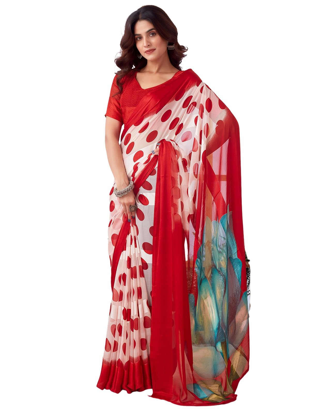 Satrani Women's Georgette Printed Satin Stripe Saree With Unstitched Blouse Piece (3929S143N_Red & White)