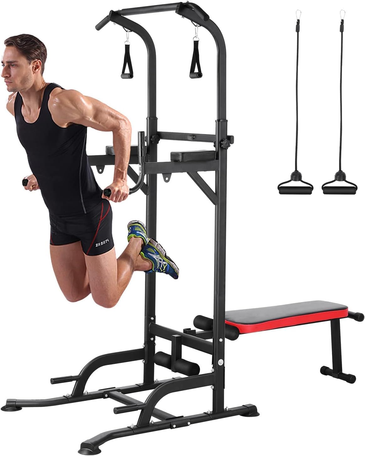 Dip Station Power Tower Tour de musculation multifonction avec banc de musculation pliable, barre de traction pour appareils de musculation à la maison, avec bandes d'entraînement, capacité de charge