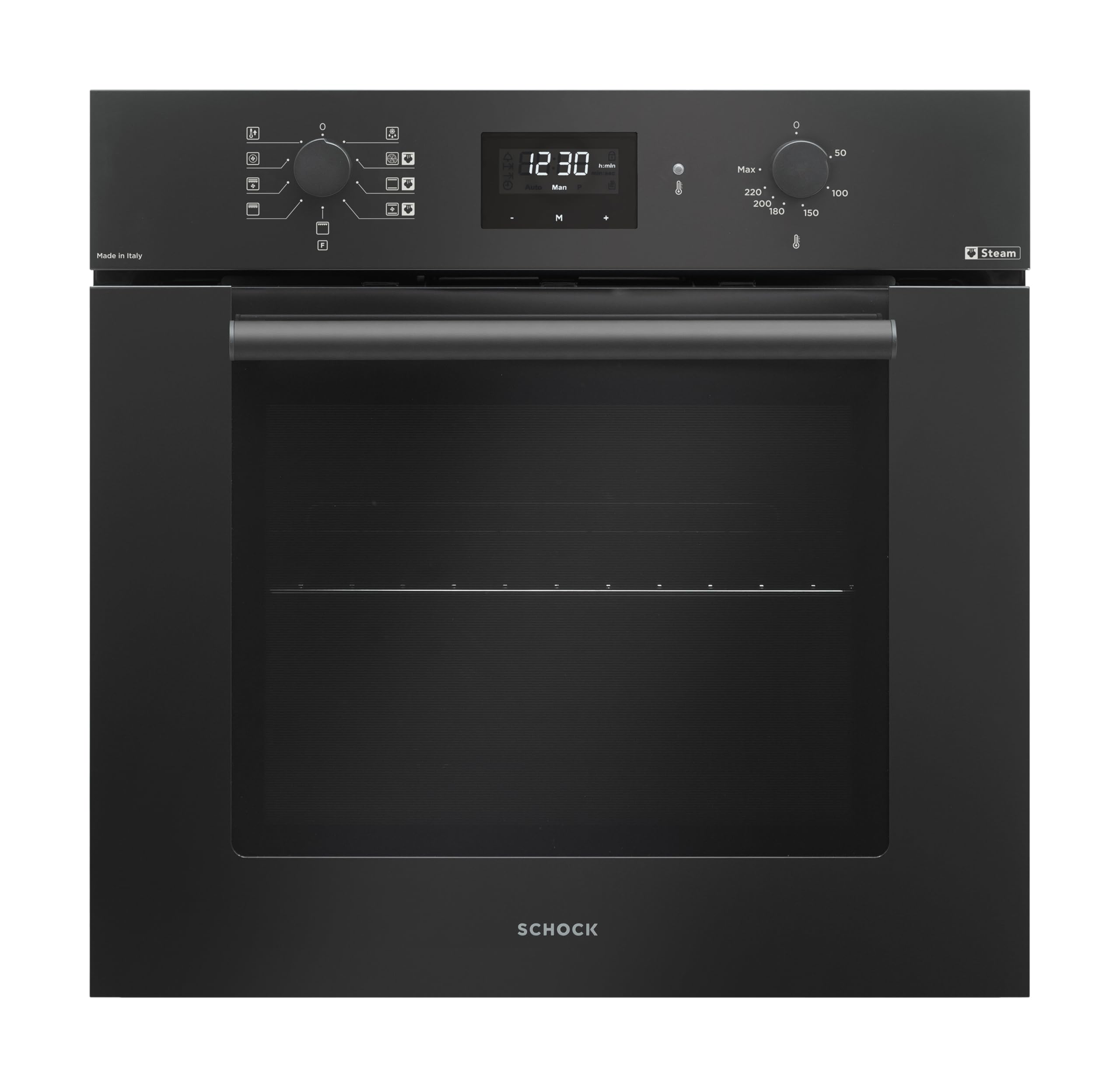 SCHOCK|Forno INDUSTRIAL Multifunzione, Classe A, Cavità XL Capacità 64 L, Programmatore Touch, Vapore Assistito Termoventilato, 1 Griglia + 2 Leccarde, 590x600x550mm, Nero Opaco, Made In Italy