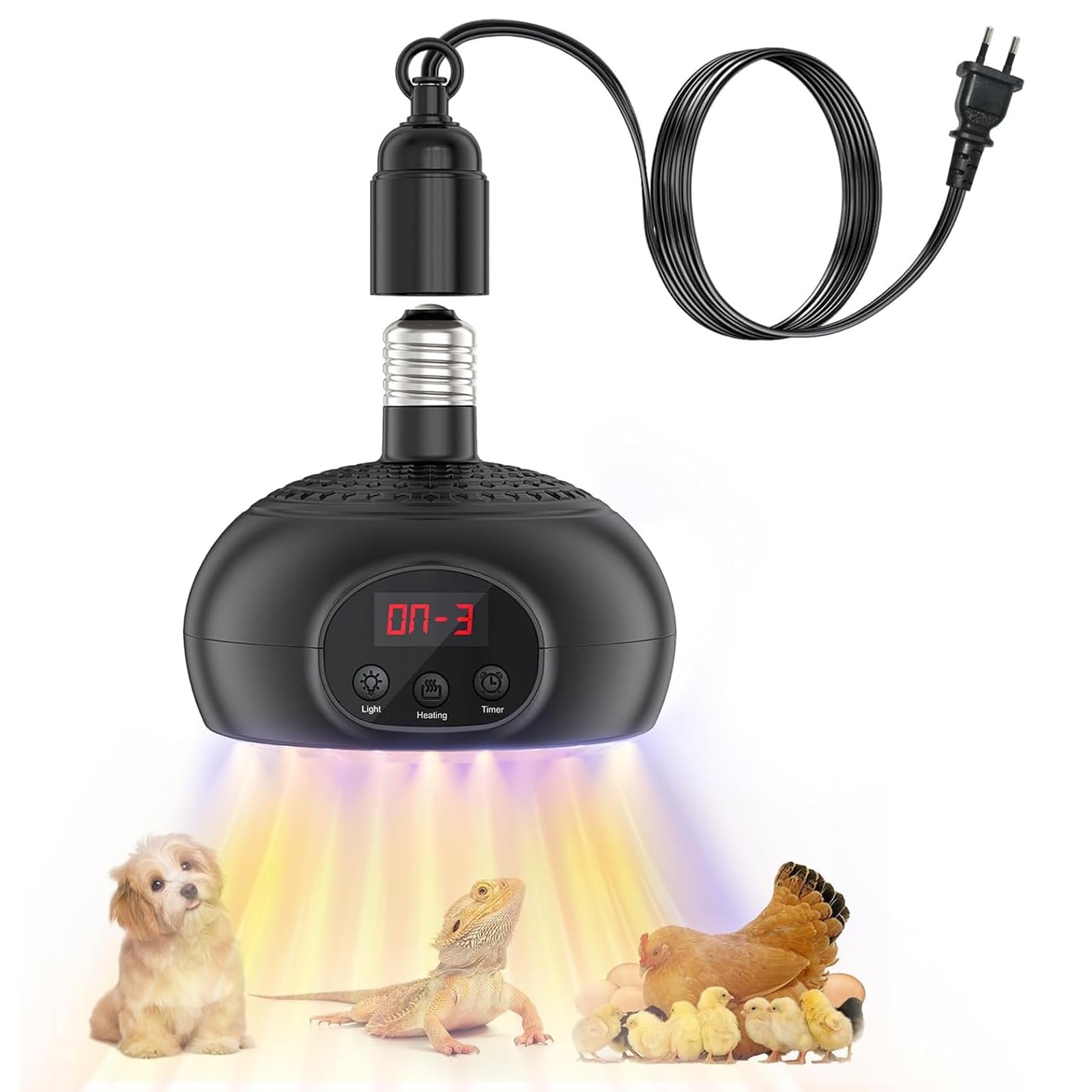 Wärmelampe für Hühnerstall, 200W-350W-500W Heizlampe für Reptilien Küken mit UVA/UVB Licht 3-6-9-12H Timer, Wärmestrahler Gewächshäuser Haustiere für Hühnerstall Reptilien Hunde und Katzen