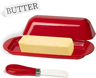 Butter Dish with Lid for Countertop & Refrigerator, Butter Container with Knife, Melamine Butter Keeper, BPA-Free Butter Tray with Cover Dishwasher Safe - Red