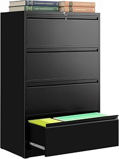 4 Drawer Lateral File Cabinet, Metal Filing Organization Office Cabinets with Lock for Home Office, Office Filing Cabinet Fits Letter/Legal/A4 Size File Folders (Black)