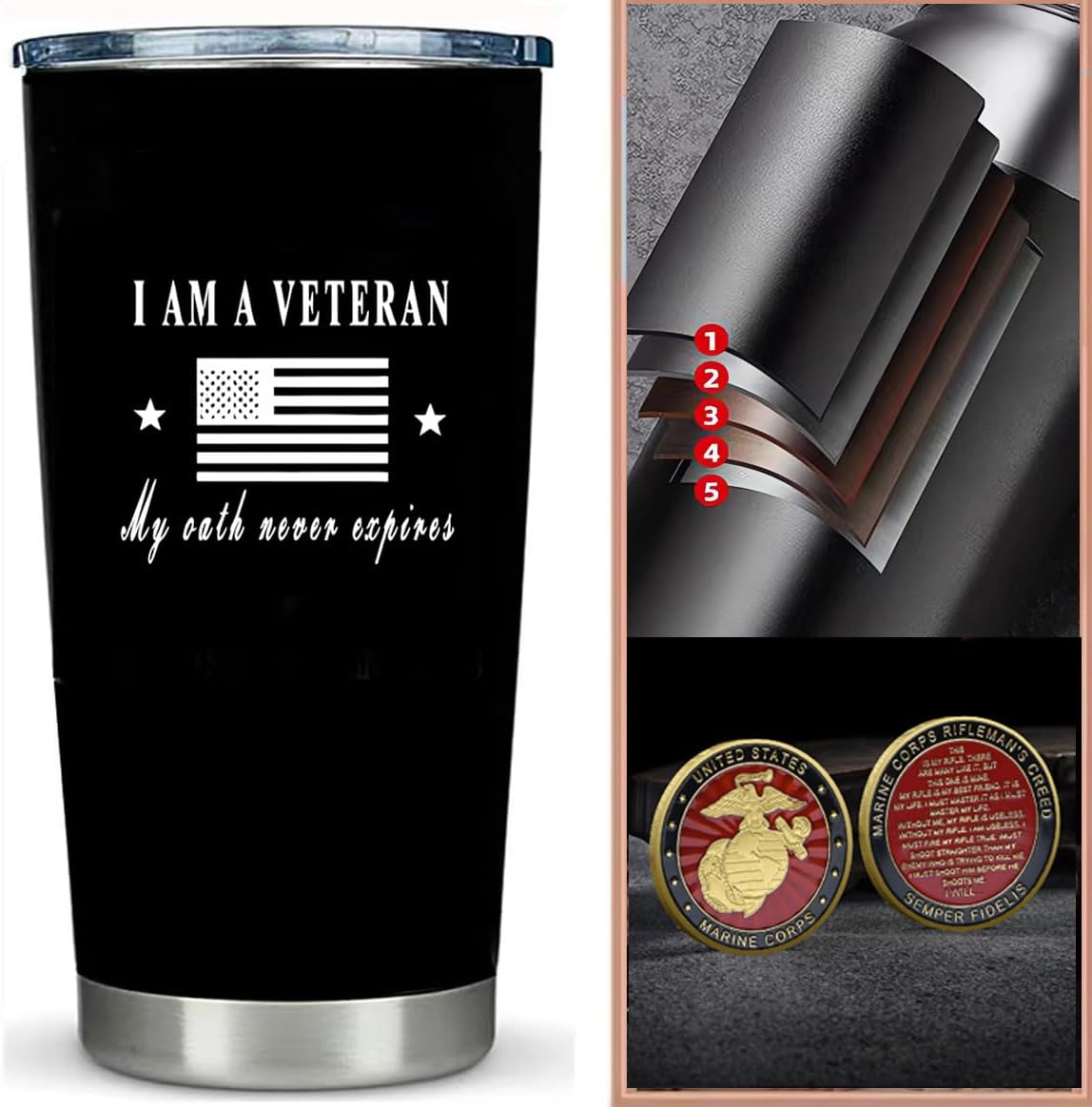Marine Corps Insulated Tumbler with Challenge Souvenir, Great Engraved Gifts for Military Heroes!Veterans Day Gifts - Image 2