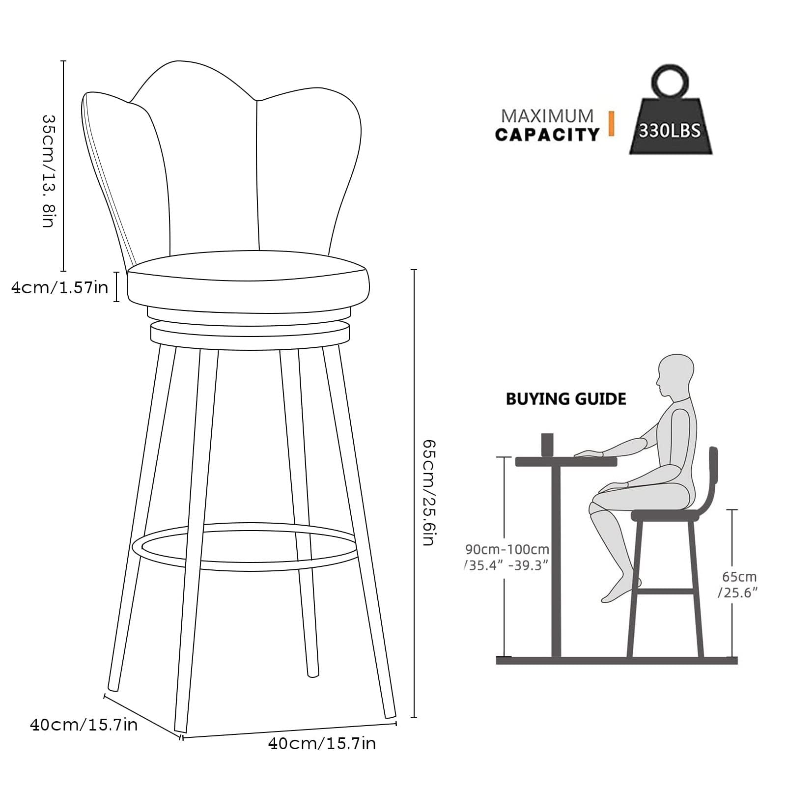 Lot de 2 tabourets de bar en velours – Chaises de salle à manger rembourrées à hauteur de comptoir avec repose-pieds – Sièges de bar élégants – Décoration moderne – Finition noire