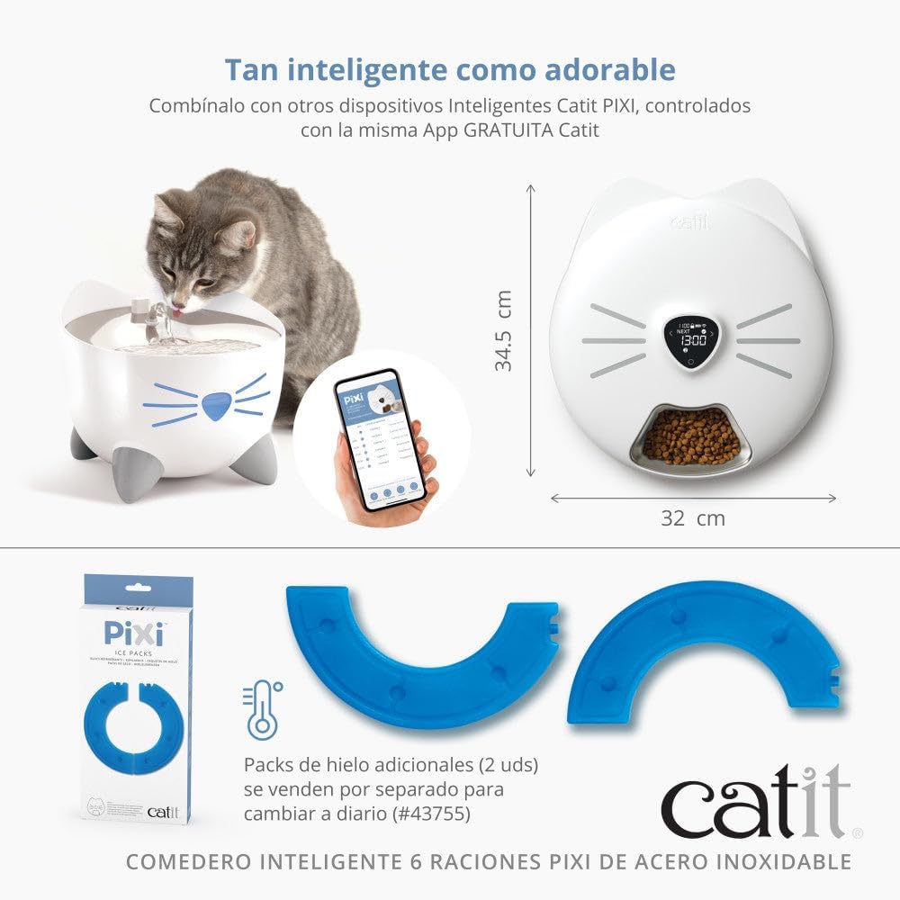Catit PIXI Smart 6-Meal Feeder with dimensions indicated: 34.5 cm height and 32 cm width.