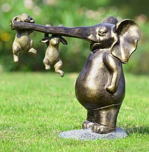 Ebros - Elefante de safari de metal de aluminio con dos conejos juguetones colgando en su tronco, estatua de jardín de 13 pulgadas de alto,