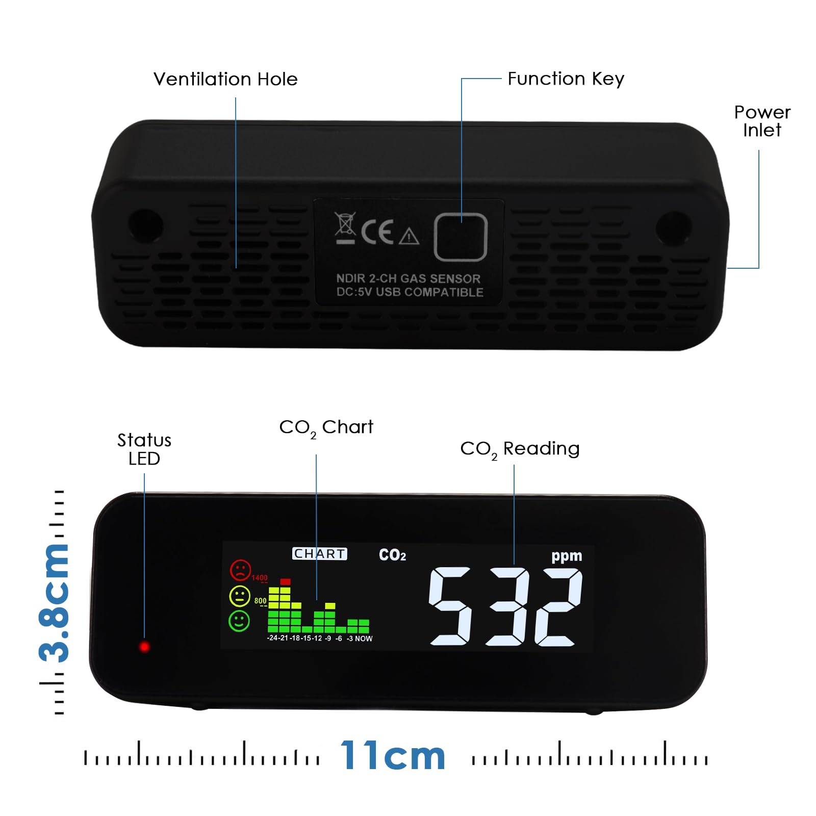 Moniteur de qualité de l'air NDIR CO2/température avancé à double faisceau avec écran LED 3 couleurs – Capteur précis pour une évaluation complète de la qualité de l'air