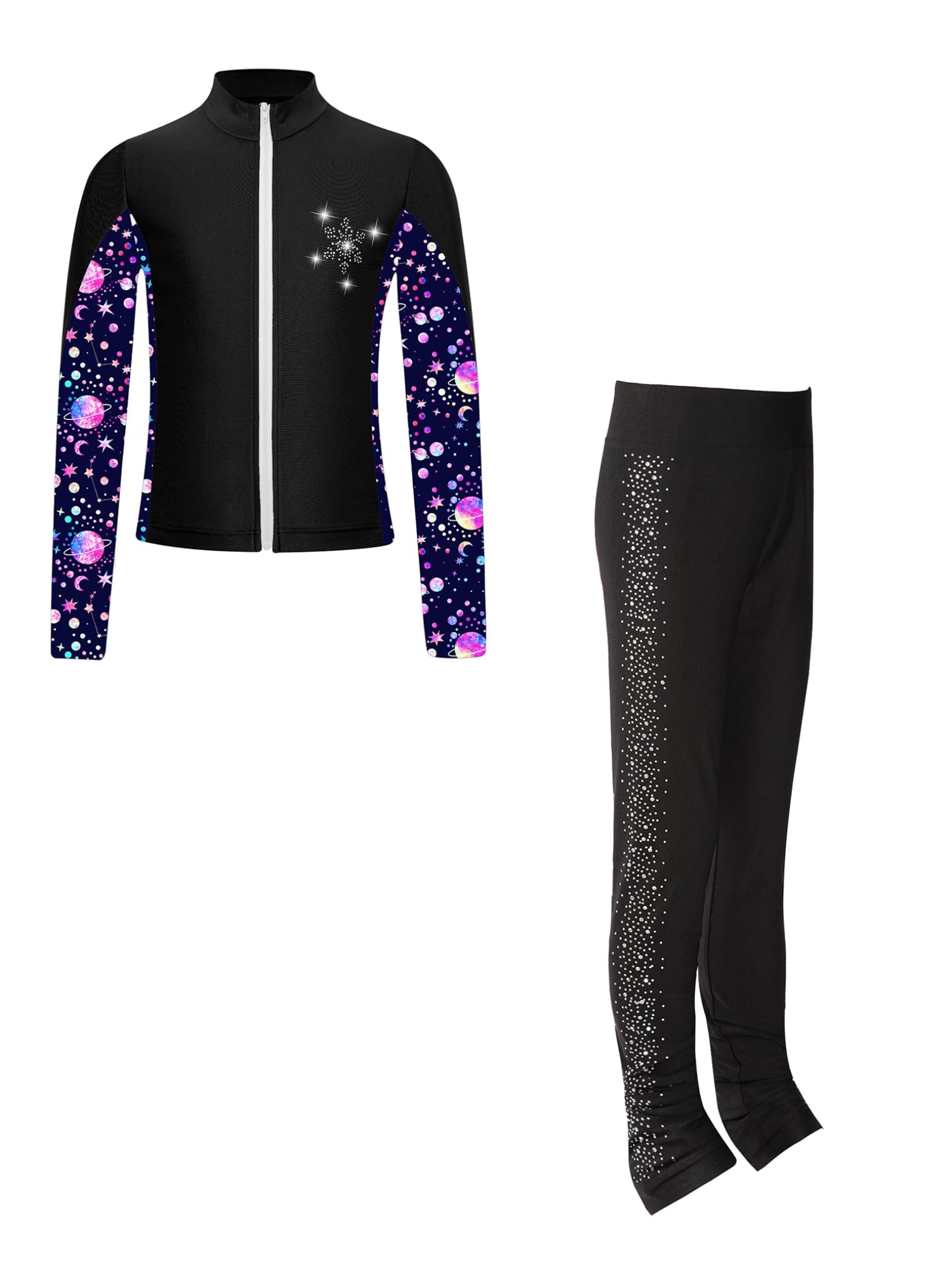 Freebily Kinder Eiskunstlauf Anzug Mädchen Bedruckte Jacke Glitzer Strass Eiskunstlauf Hose Set Wettkampf Workout Sport Outfit Skating Suit