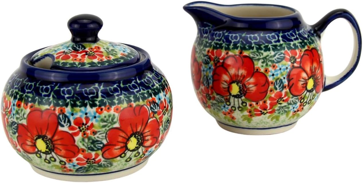 Polish Pottery Market Sugar Bowl with Lid and Creamer Set - 10 Oz. Sugar Bowl & 9 Oz. Cream Pitcher -Hand-painted Polish Stoneware by Zaklady Boleslawiec Poland