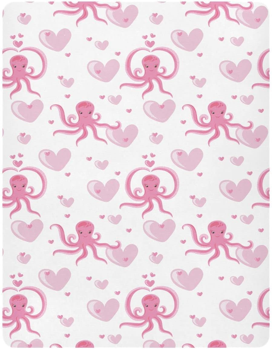 Fitted Crib Sheets Pink Octopus Stretchy Portable Playard Sheets for Baby Toddler, Breathable Soft Mini Crib Mattress 52 x 28 in for Boys and Girls