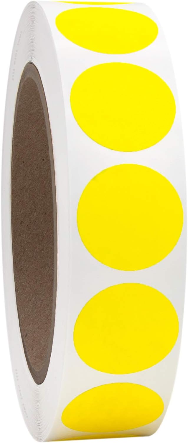1" Neon Yellow Round Color Coding Circle Dot Labels on a Roll, Semi-Gloss, 1000 Stickers, 1 inch Diameter.