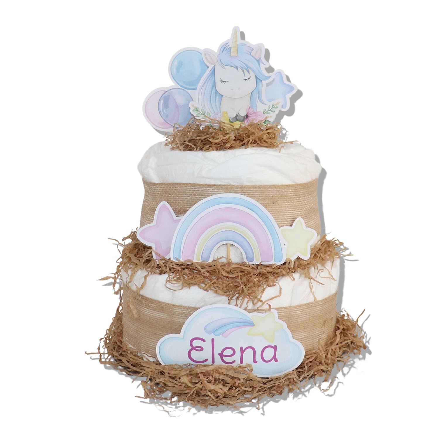 Tarta de pañales 2 pisos modelo UNICORNIOS - Regalos para recién nacido - baby shower - TARTAS DE PAÑALES Y MÁS
