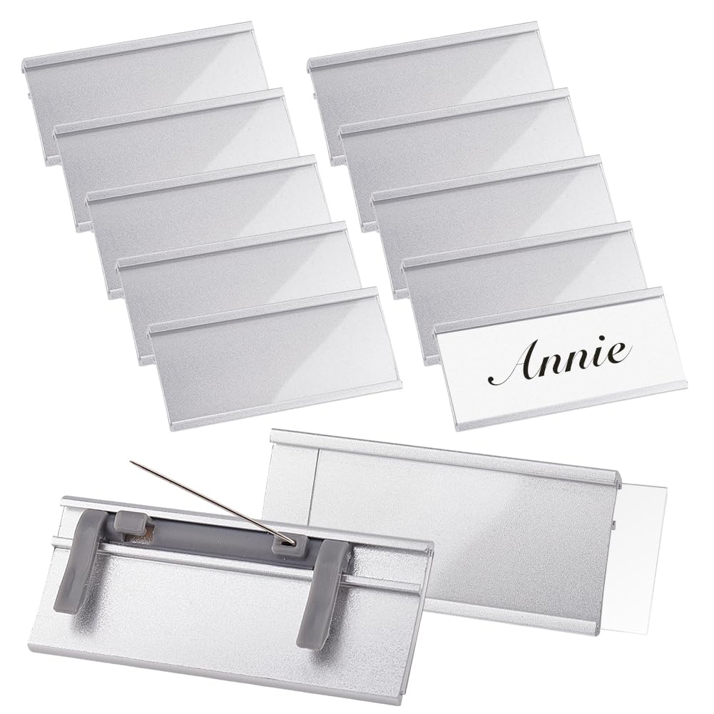 AHANDMAKER 12 Pcs Aluminium Name Tags with Card Slot and Pin Badge, Blank Name Tags Reusable ID Badge Holders, Custom Personnel Labels Office Workers Students Employee Custom (1.2x2.8 in, Platinum)