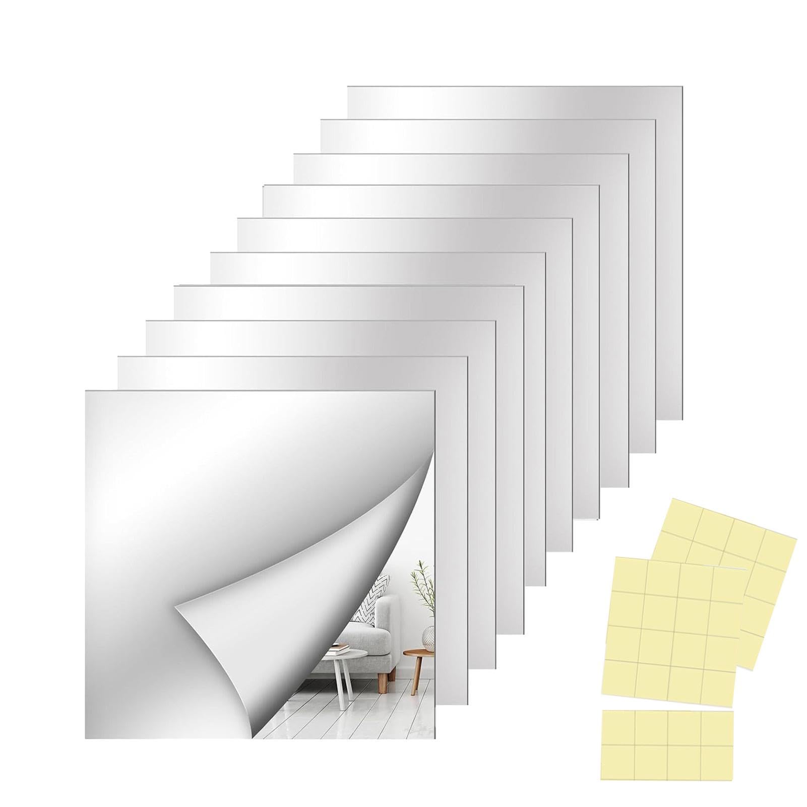 Wemoralix 10 Pcs Flexible Acrylic Mirror Sheets, 2mm Thick Self-Adhesive Wall Mirror Tiles with Stickers, 5.9''x 5.9inch Non-Glass Decorative Safety Mirrors for Bathroom & Bedroom(15x15cm)