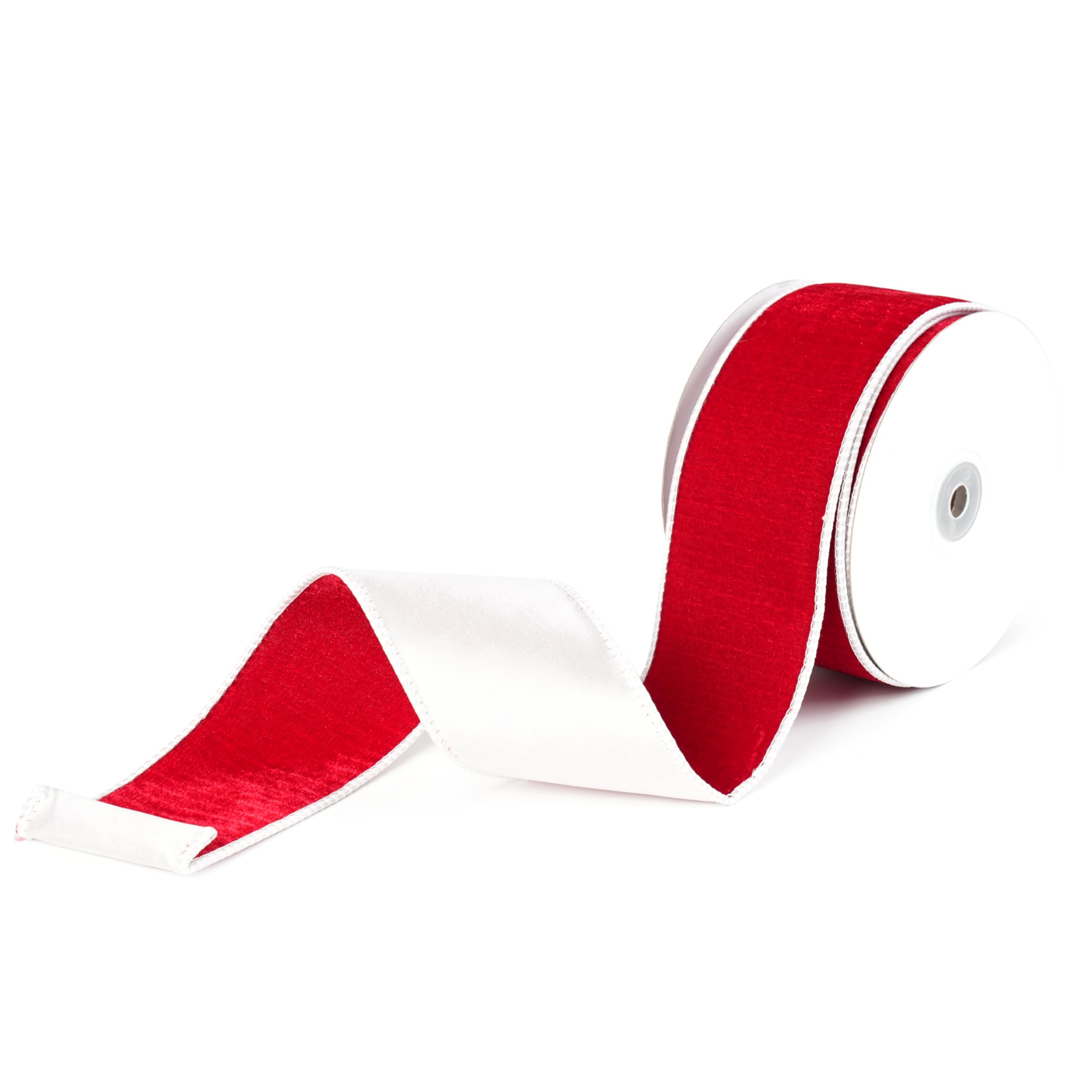 MAYREEL Wendbares französisches Samtband mit Drahtrand, 6,3 cm, zweifarbig, Rot und Weiß, doppelseitiges Design, 9,1 m