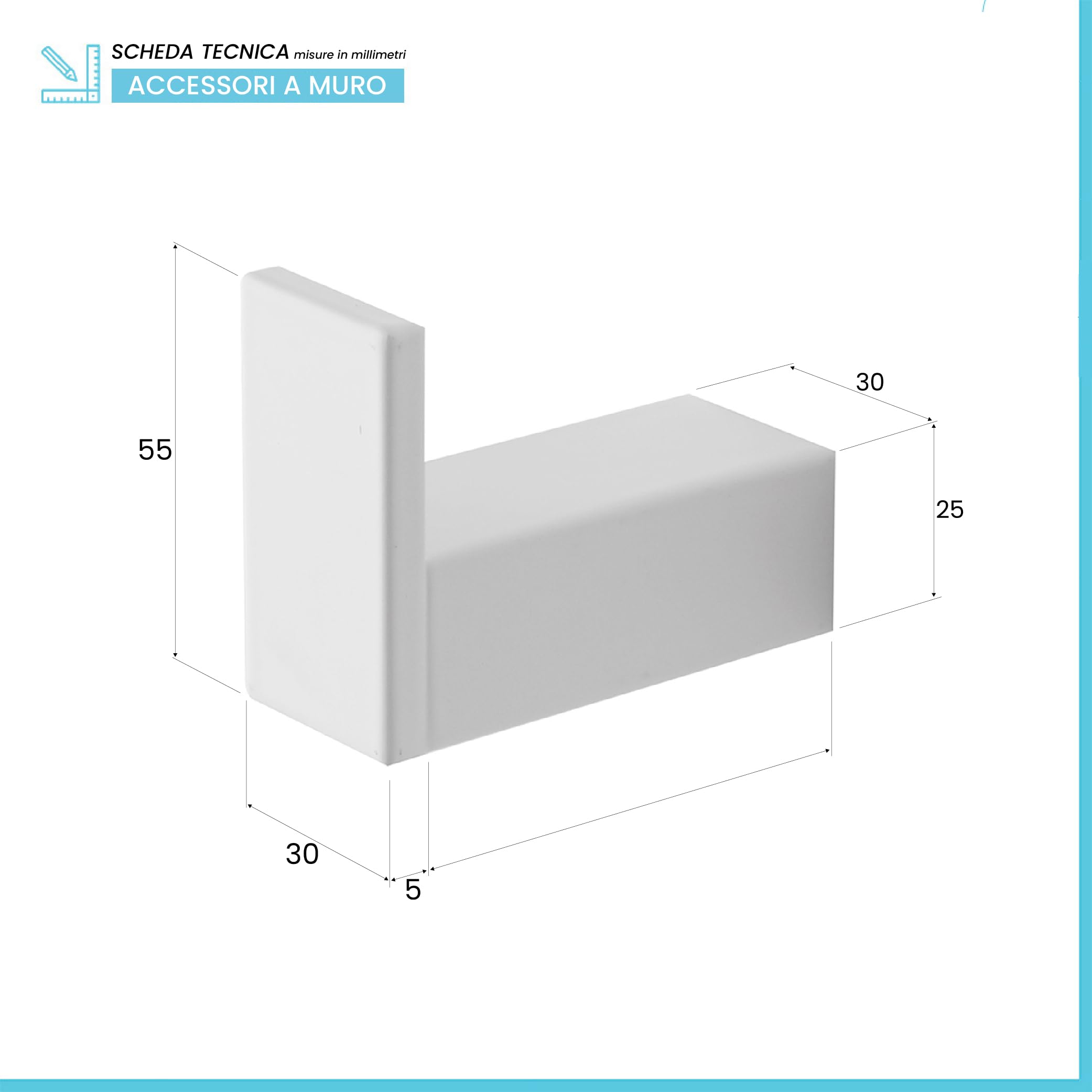 Set 2 Appendini Porta Asciugamani E Accappatoi Con Corpo E Ganci In Alluminio Bianco Linea Accessori Bagno Sky, L 3 x P 6,5 x H 5,5 Cm, Con Fissaggi Inclusi