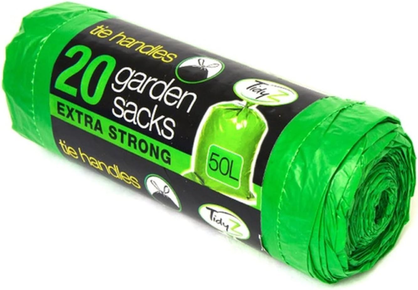 TidyzGarden Sacks Rubbish Bags - Green Heavy Duty 50 litres x 20 pack - 89cm Extra Stong Bin Sacks With Tie Handles