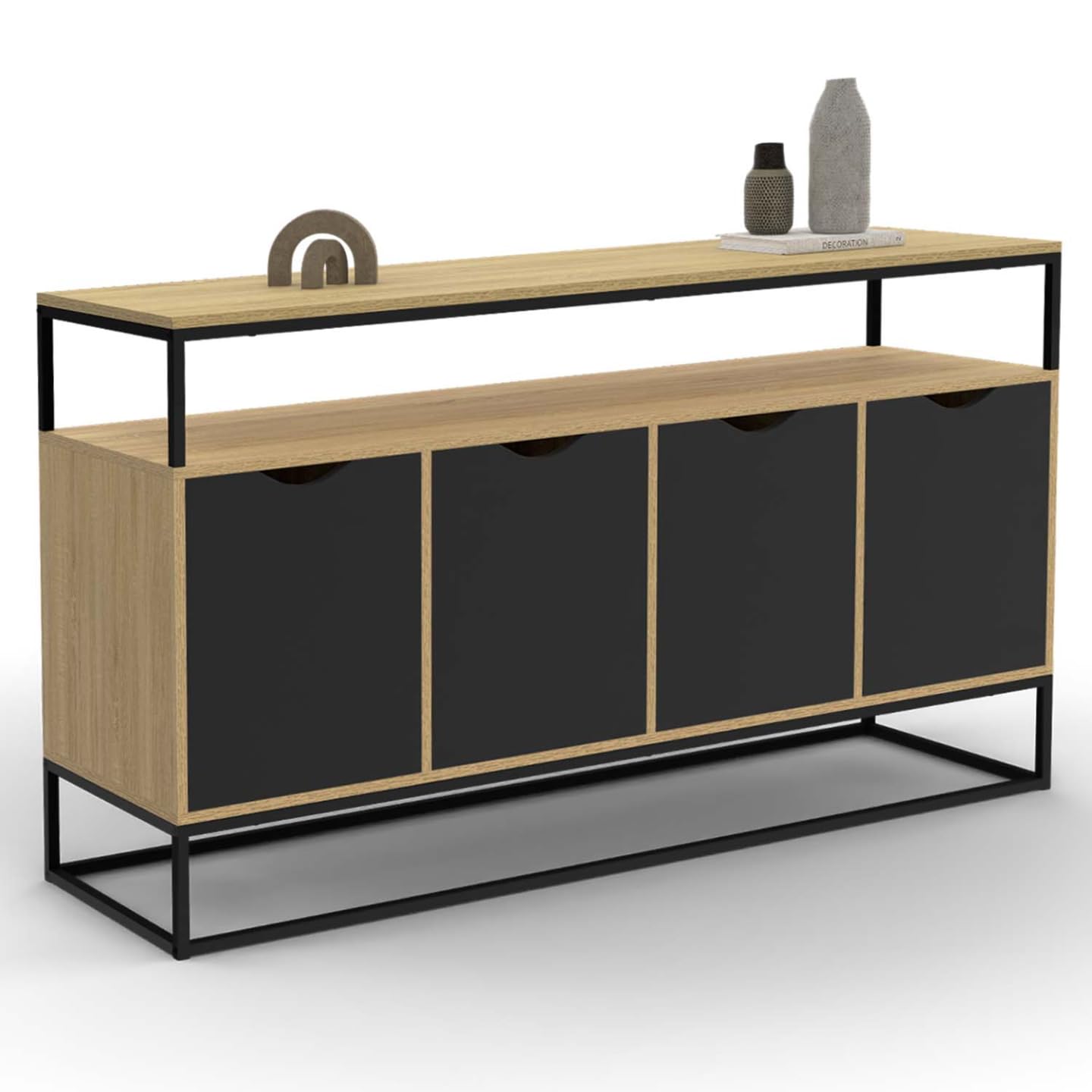 IDMarket Boston - Aparador de 140 cm, 4 puertas negras, diseño industrial