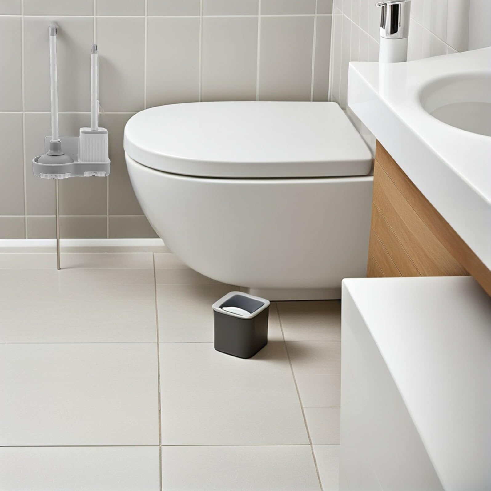 Garneck Wc Bürsten und Pümpel Satz Wandmontiert Toilettenbürste mit Halter aus Robustem Kunststoff Passend für Badezimmer Platzsparendes Reinigungsset