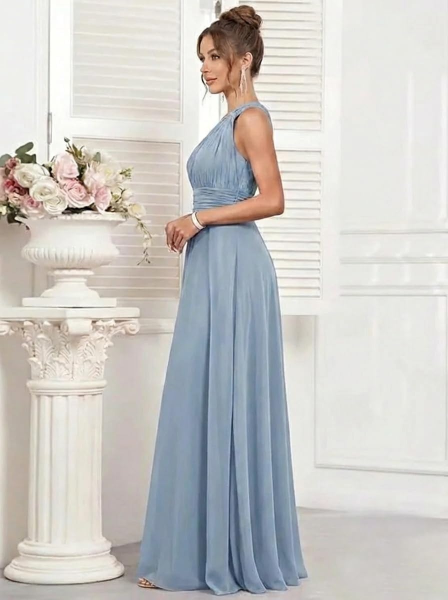 One Shoulder Bridesmaid Dresses with Pockets Long A Line Formal Party Dress Pleated Chiffon Evening Gowns WH33 - Image 4