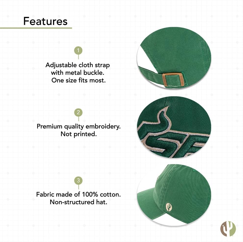 Desert Cactus University of South Florida Baseball Hat USF Bulls Brimmed Embroidered Hats Cap Adjustable Cloth Strap Adult (Style E) Green - Image 4