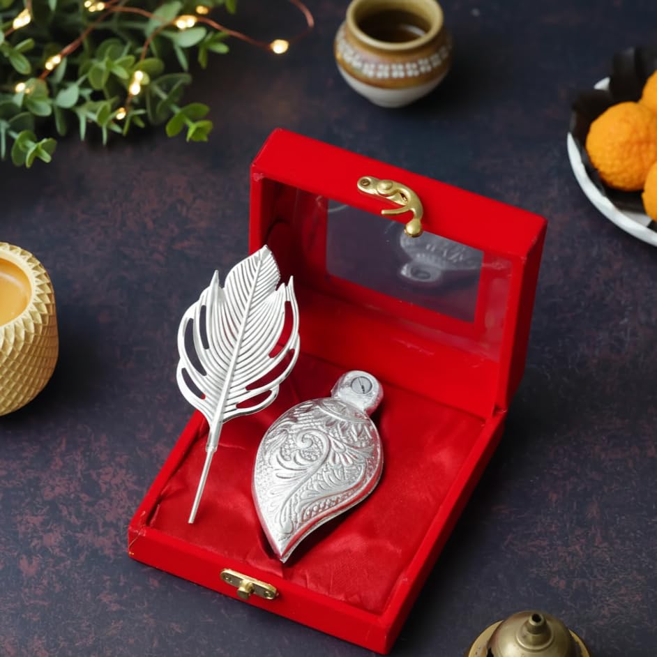 Image of German Silver Haldi Kumkum Box with Tilak Stick for Wedding Favors, Return Gift, Baby Shower Gift