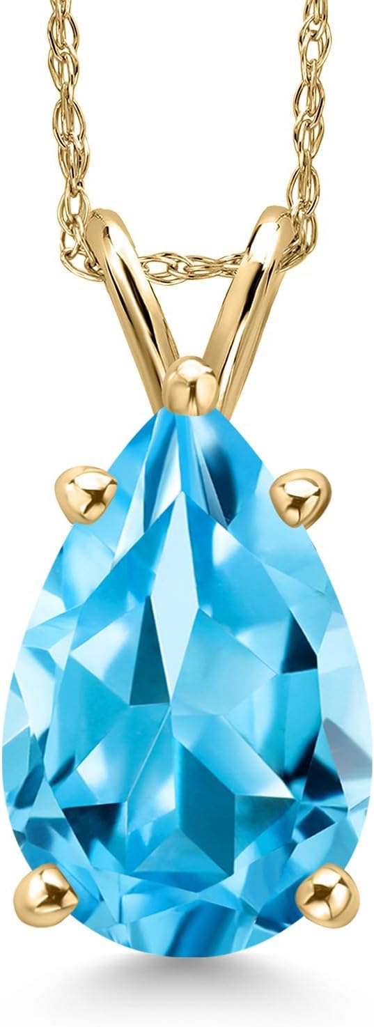 Gem Stone King 14K Yellow Gold Swiss Blue Topaz Pendant Necklace for Women | 3.73 Cttw | Gemstone November Birthstone | Pear Shape 12X8MM | With 18 Inch Chain