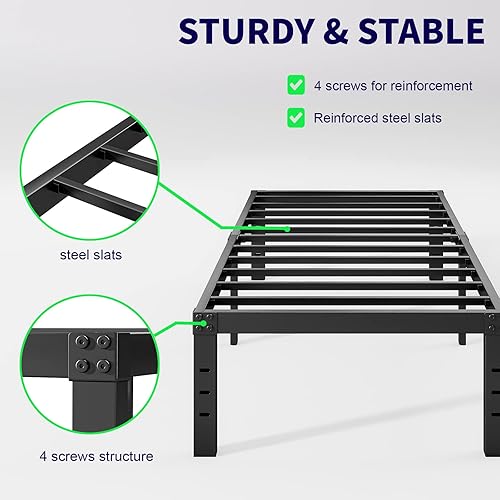 Miniatura 5 de Neslime Marcos de cama de 18 pulgadas, resistentes y sin necesidad de somier, base de cama de plataforma de metal individual para personas pesadas,