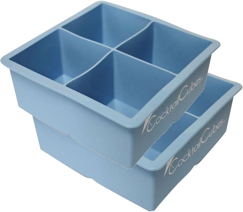 Cocktail Cube Silicone Extra Large Ice Cube Trays - 2.5 inches - Whiskey Drinks - Frozen Food Portions - Soap Making Molds (Blue 2 Trays)