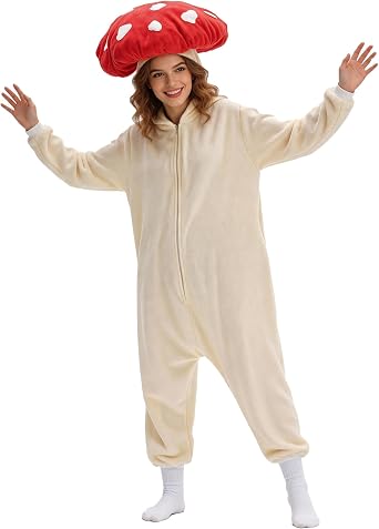 XIGUAGUO Red Mushroom Onesie Adult Mushroom Costume Fun and Comfy Adult Onesie for Women and Men