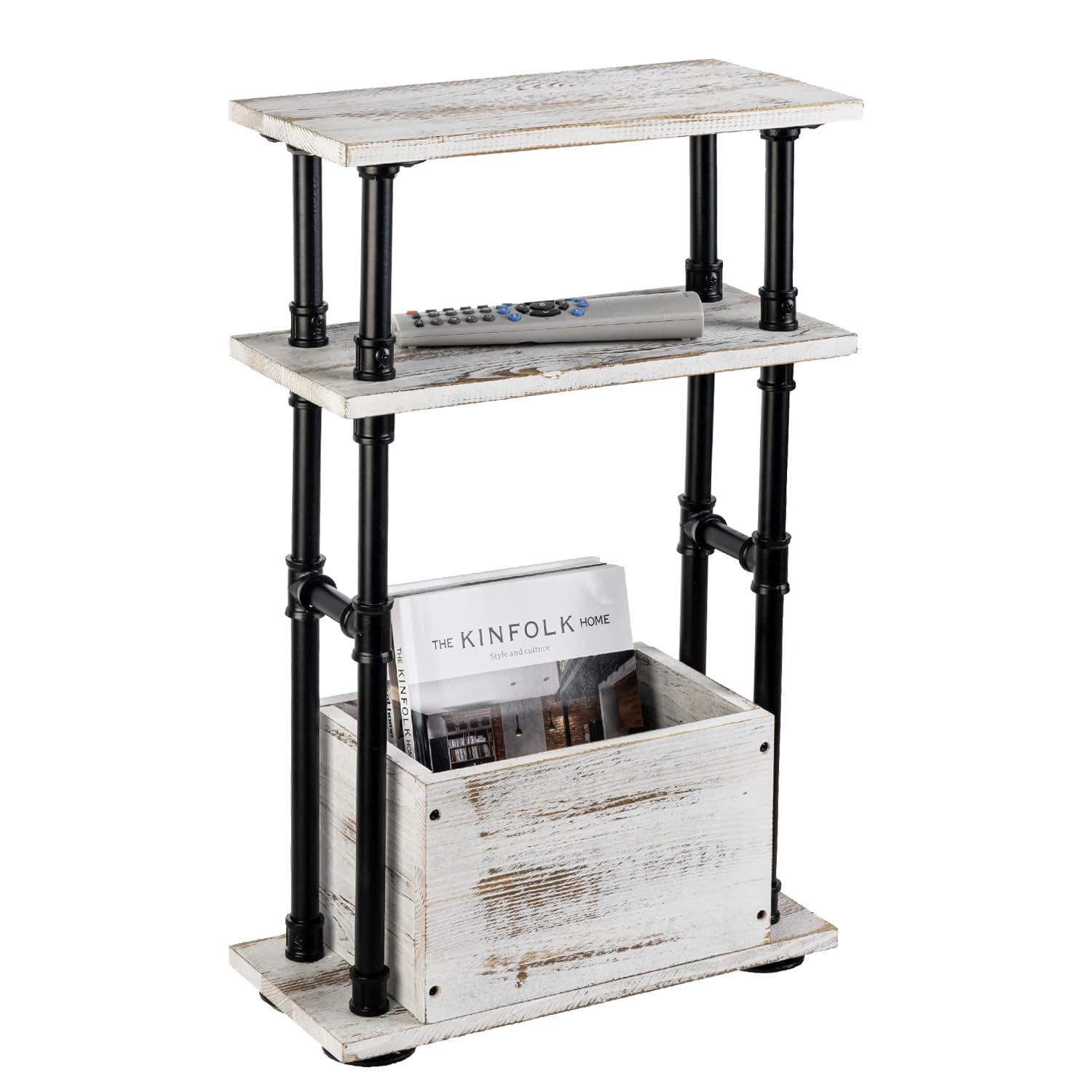 MyGift Rustic End Table, Shabby Whitewashed Wood and Industrial Pipe Small Side Table with Magazine Holder, Storage Display Shelf