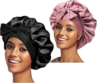 2PCS Silk Bonnet for Women, Satin Bonnet for Sleeping, Large Sleep Cap with Elastic Tie Band for Curly Hair (Bean Paste Pink+Black)