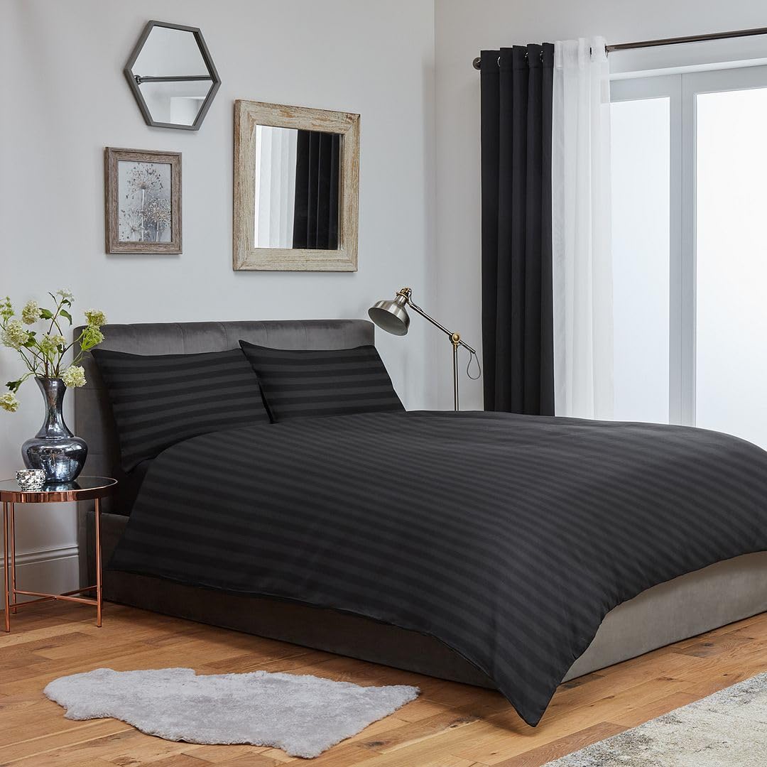 John Aird Striped Microfibre Plain Duvet Cover With Pillowcases (Single, Black)