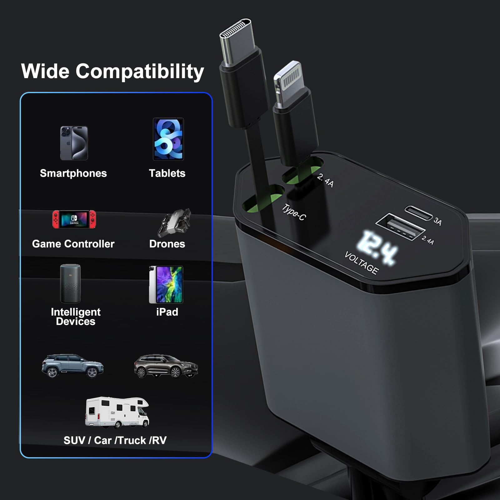 Wysuwana ładowarka samochodowa z 2 wbudowanymi kablami (USB-C/Lightning) i portami USB-C i USB, akcesoria samochodowe dla kobiet i mężczyzn - PD/QC3.0 szybkie ładowanie do iPhone'a 16/15, Samsung