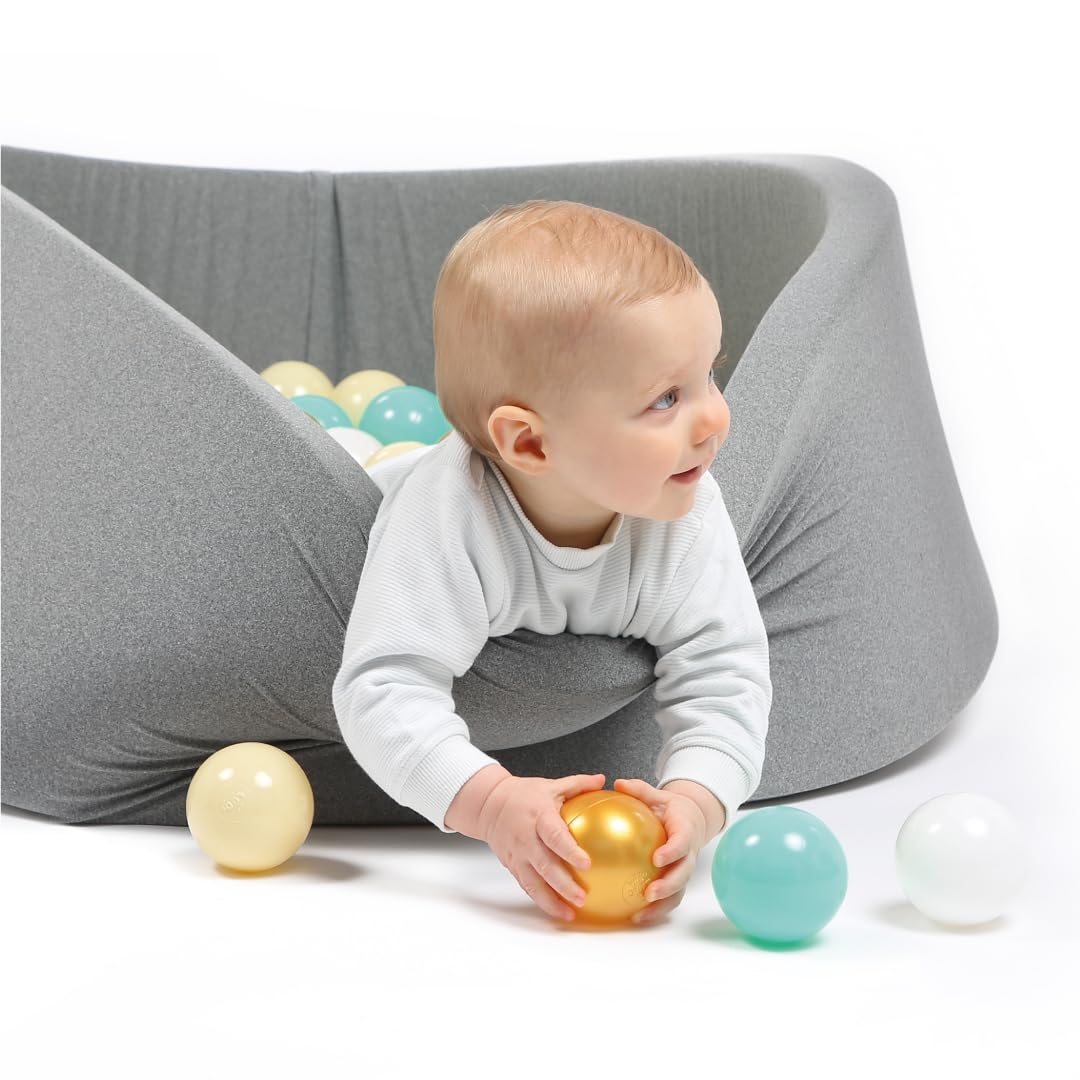 LUDI Piscine à Balles Ronde En Mousse – 90 Cm X H 30 Cm – Dès 6 Mois – 100 Balles Incluses – Housse Lavable – Couleur Gris – Favorise Motricité