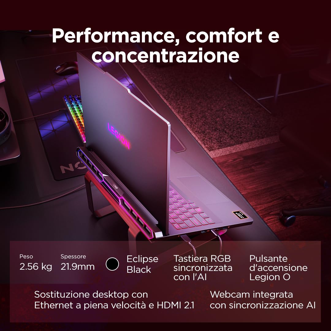 Lenovo Legion Pro 7 Gaming AI Laptop - Display OLED 16" WQXGA 240Hz, NVIDIA GeForce RTX 5080, AMD R9 9955HX3D, RAM 32GB DDR5, SSD 2TB, Windows 11, Tastiera RGB QWERTY, 3 mesi GamePass