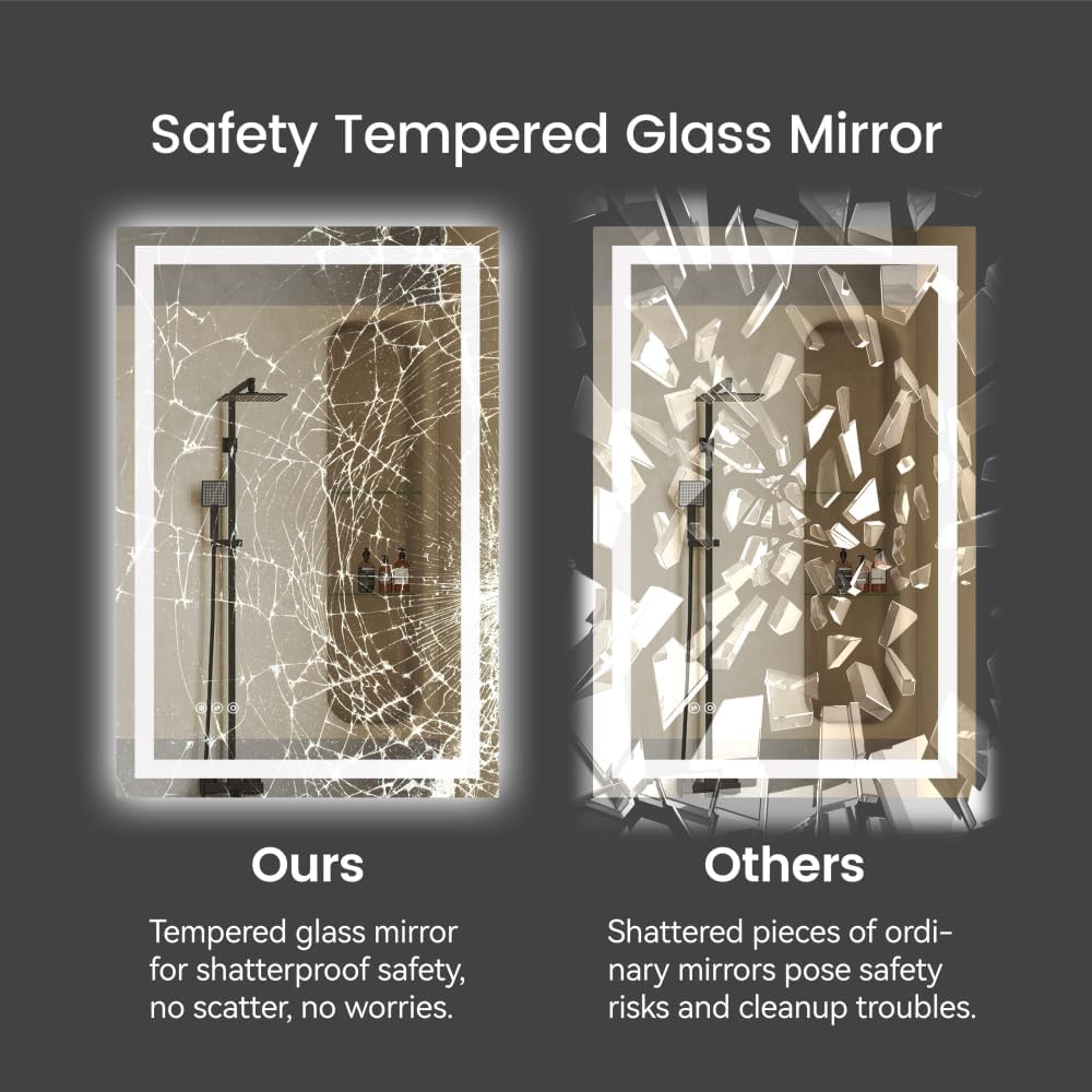 20"*28"LED Bathroom Mirror,Front-Lit and Back-Lit, Stepless Dimmable, 3 Colors CRI90+, Brightness Memory, Shatter-Proof,Anti-Fog LED Vanity Mirror, IP44 Waterproof (Transparent + Glass)