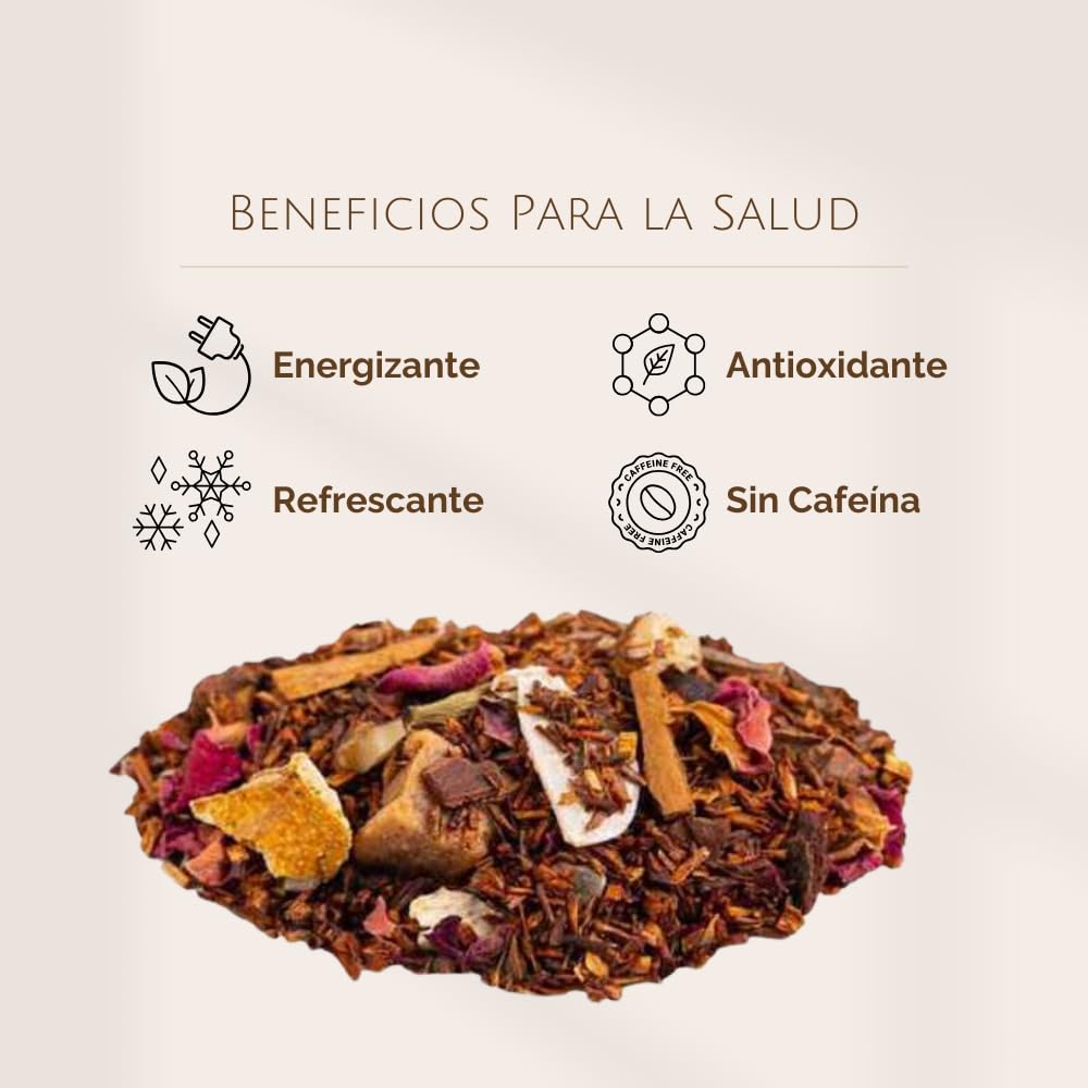 Rooibos de Canela, Naranja y Caramelo a Granel 100 Gramos - Cultivo Sostenible - Ingredientes Naturales: Alcaravea, Almendra, Canela, Caramelo, Cardamomo, Clavo, Jengibre, Naranja, Nuez.