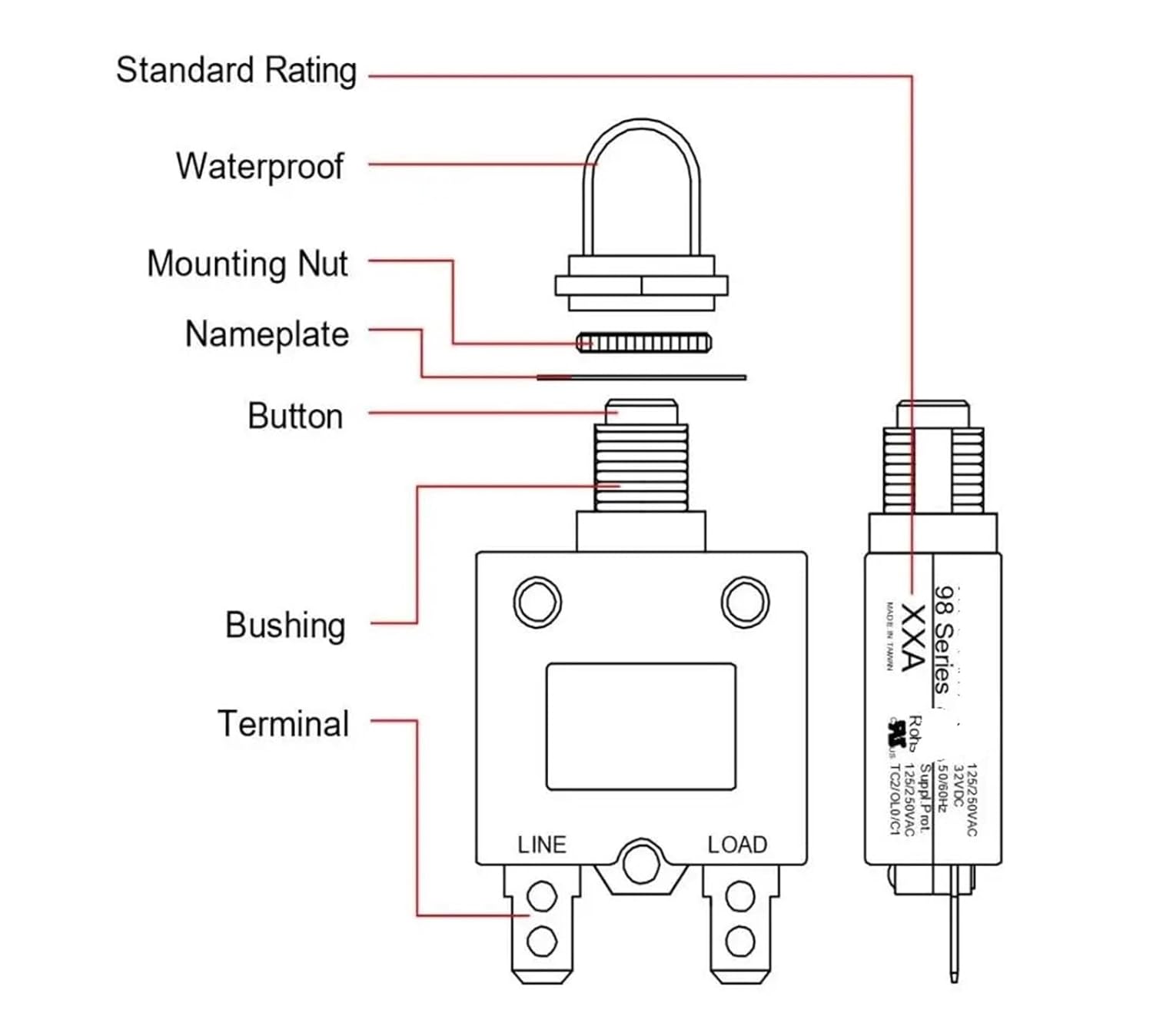 1pc 98 series 16A Manual Reset Thermal Overload protector switch 3 1pc 98  series 30A Manual 1pc 98 series 25A Manual Reset Thermal Overload protector switch C