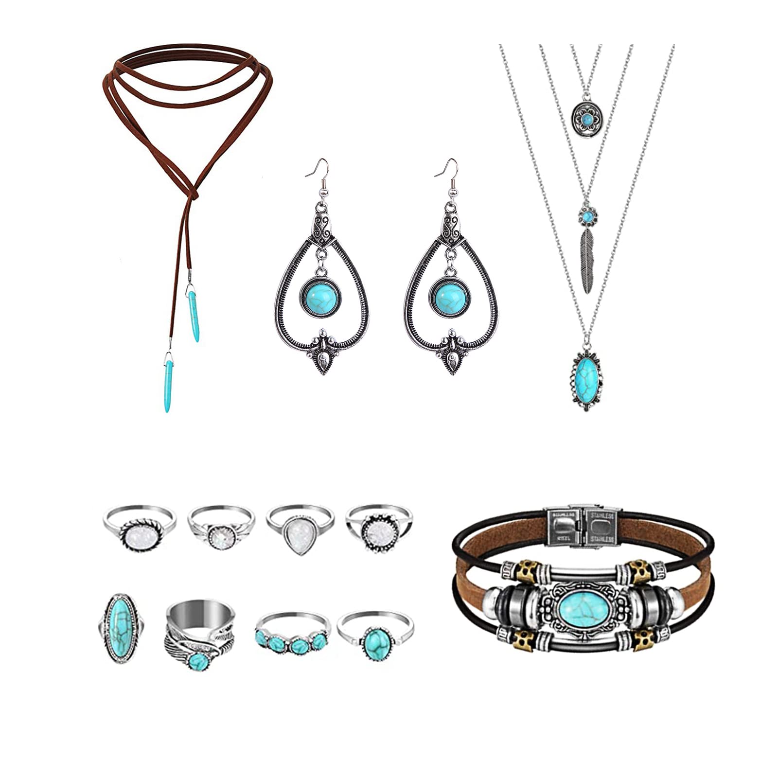 ImpurainBohemian Western Jewelry Sets for Women， Turquoise Jewelry for women ，Western Necklace Bracelets Accessories Native American Country Jewelry